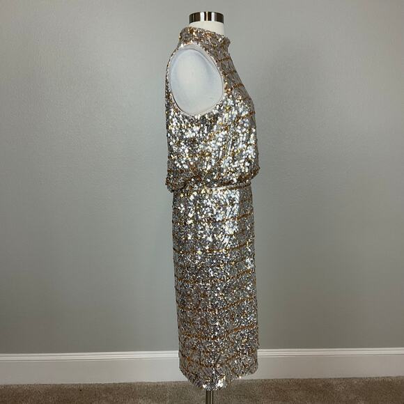 Eliza J Sequined Sleeveless Halter Sheath Cocktail Dress Gold and Silver Size 10 - Picture 3 of 12